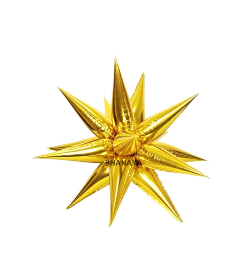 SHANAYA Starburst Cone Mylar Balloons, Star Foil Balloons, Point Star Balloons for Bachelorette Party Supplies, Birthday, Wedding, Photo Booth, Backdrop (PACK OF 2) (Gold) - Image 1