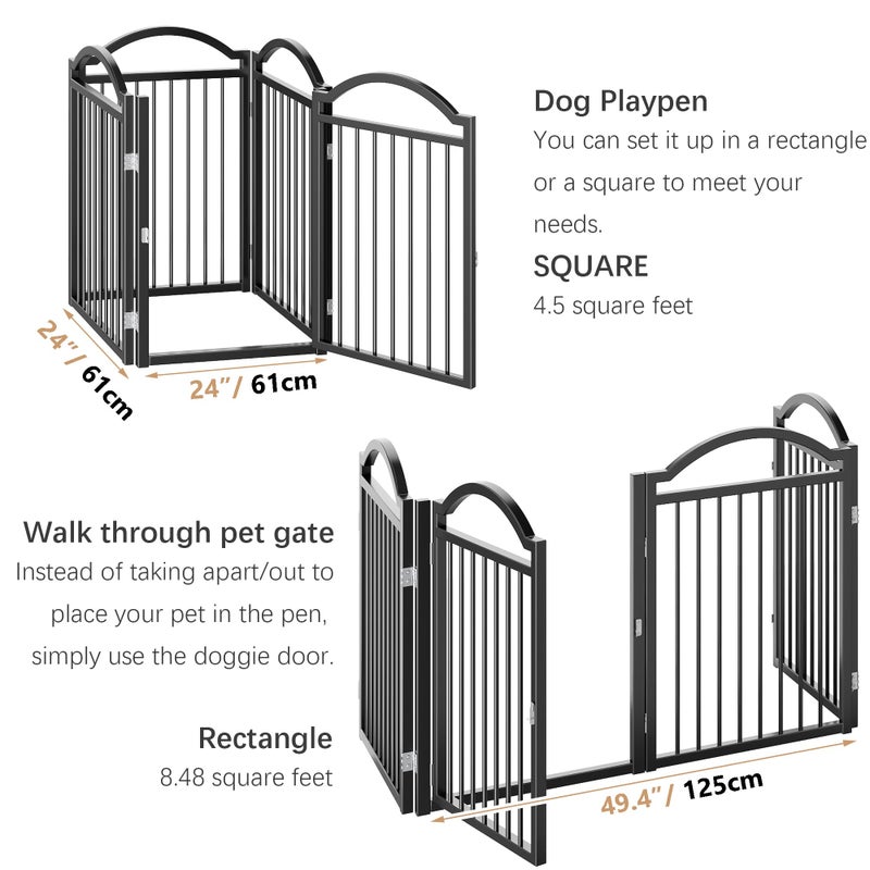 BHG Metal No-Assembly Freestanding Dog Gate with Door Walk Through, Extra Wide 96", Extra Tall 32" Pet Gate, Accordion Puppy Folding Playpen Dog Fence for Indoor & Outdoor, with 2PCS Support - Black - Image 5