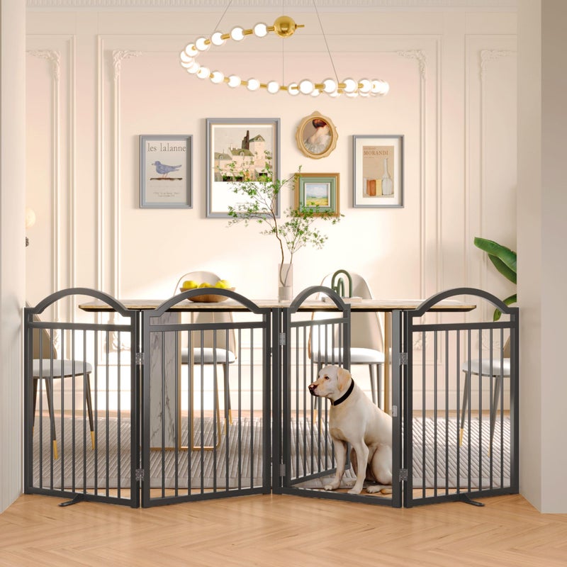 BHG Metal No-Assembly Freestanding Dog Gate with Door Walk Through, Extra Wide 96", Extra Tall 32" Pet Gate, Accordion Puppy Folding Playpen Dog Fence for Indoor & Outdoor, with 2PCS Support - Black - Image 1