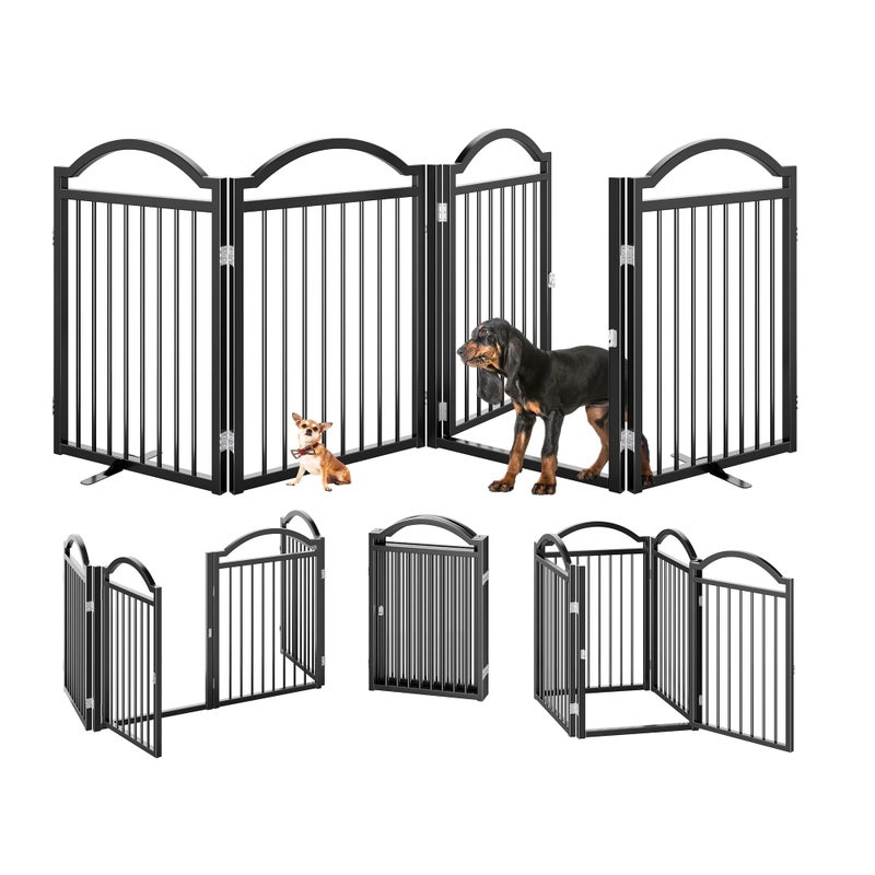 BHG Metal No-Assembly Freestanding Dog Gate with Door Walk Through, Extra Wide 96", Extra Tall 32" Pet Gate, Accordion Puppy Folding Playpen Dog Fence for Indoor & Outdoor, with 2PCS Support - Black - Image 3