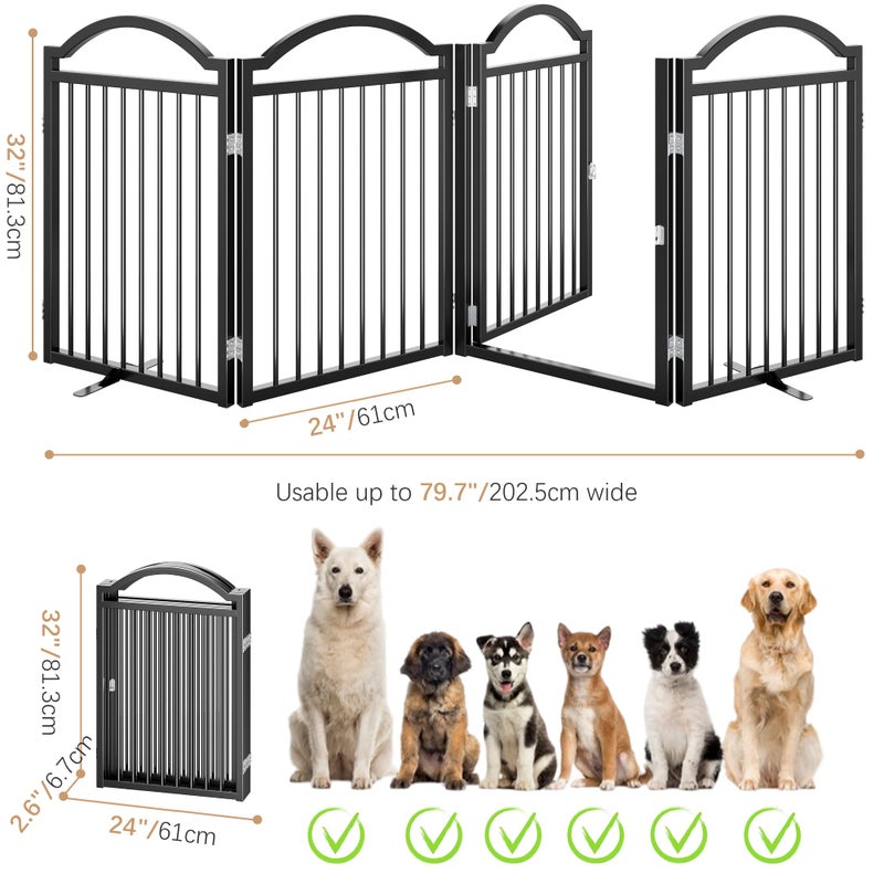 BHG Metal No-Assembly Freestanding Dog Gate with Door Walk Through, Extra Wide 96", Extra Tall 32" Pet Gate, Accordion Puppy Folding Playpen Dog Fence for Indoor & Outdoor, with 2PCS Support - Black - Image 4