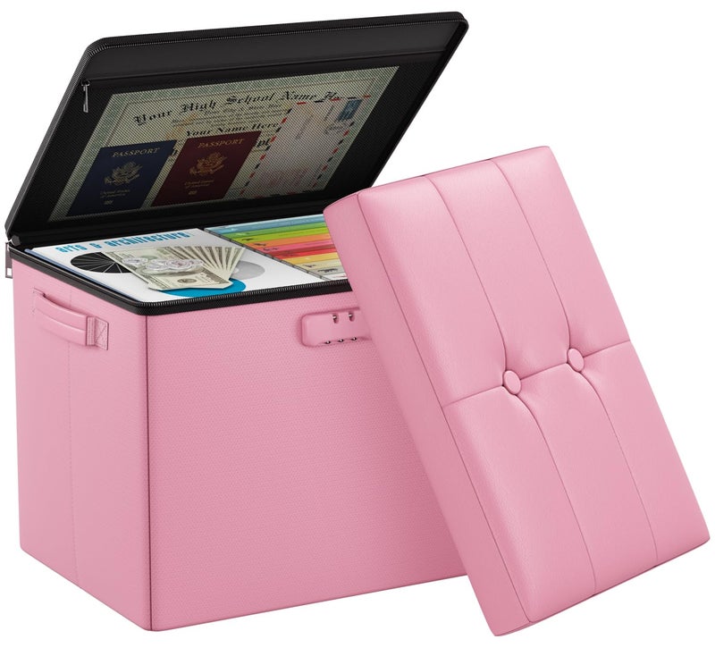 DocSafe Storage Ottoman Foot Rest Stool with Lock ï¼† Handles, Fireproof Folding Leather Footstool Bench with Storage Safe for Living Room Bedroom, Home Office, Dorm, 17x13x13in, Pink - Image 1