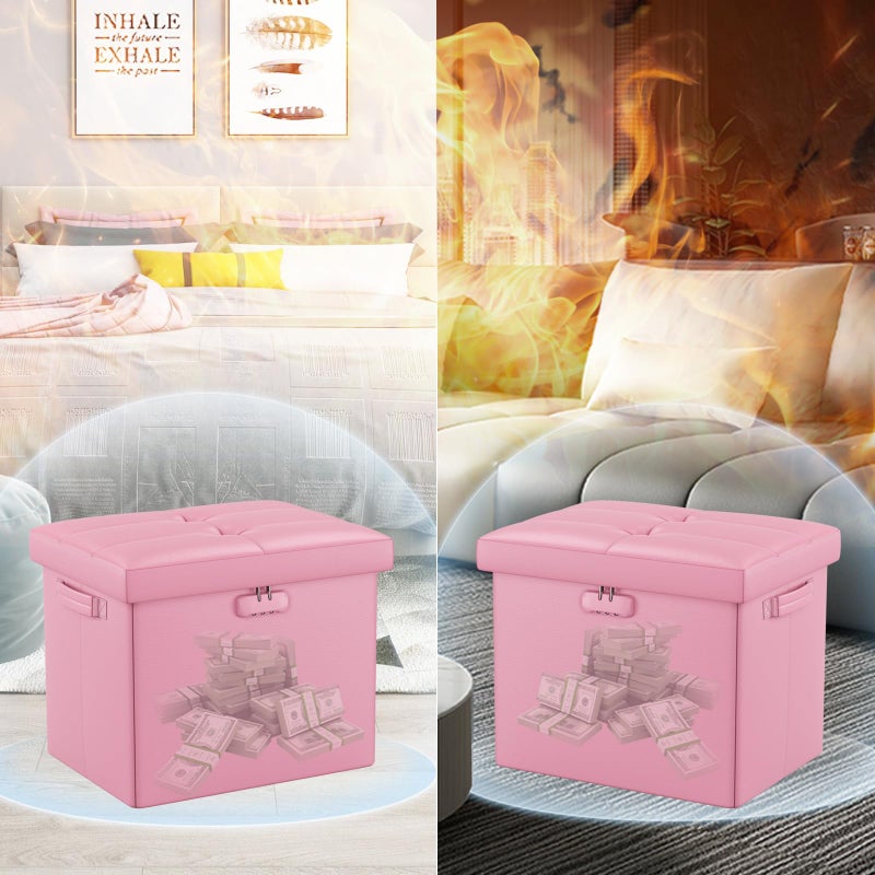 DocSafe Storage Ottoman Foot Rest Stool with Lock ï¼† Handles, Fireproof Folding Leather Footstool Bench with Storage Safe for Living Room Bedroom, Home Office, Dorm, 17x13x13in, Pink - Image 3