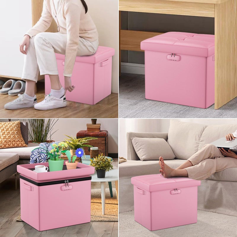 DocSafe Storage Ottoman Foot Rest Stool with Lock ï¼† Handles, Fireproof Folding Leather Footstool Bench with Storage Safe for Living Room Bedroom, Home Office, Dorm, 17x13x13in, Pink - Image 4