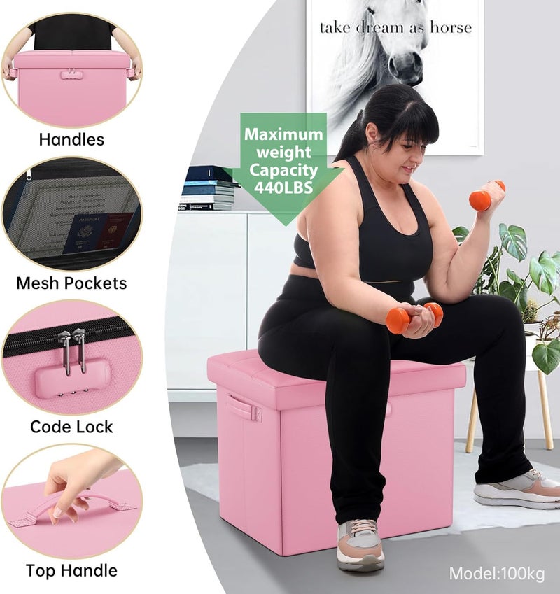 DocSafe Storage Ottoman Foot Rest Stool with Lock ï¼† Handles, Fireproof Folding Leather Footstool Bench with Storage Safe for Living Room Bedroom, Home Office, Dorm, 17x13x13in, Pink - Image 5