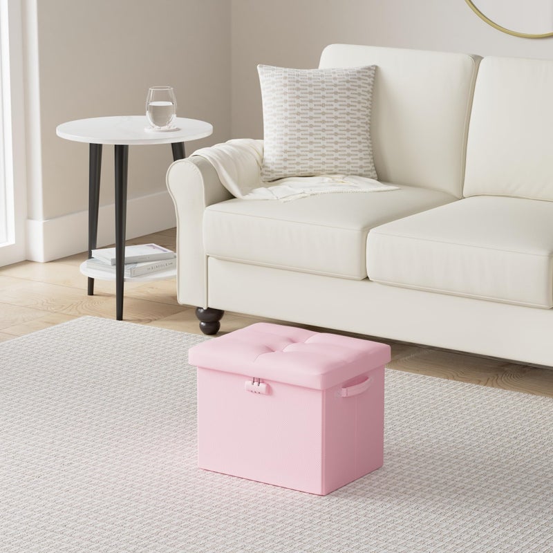 DocSafe Storage Ottoman Foot Rest Stool with Lock ï¼† Handles, Fireproof Folding Leather Footstool Bench with Storage Safe for Living Room Bedroom, Home Office, Dorm, 17x13x13in, Pink - Image 2