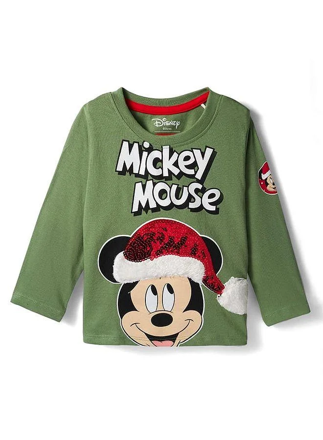 Babyhug Disney Babyhug Disney Single Jersey Knit Full Sleeves T-Shirt with Mickey Mouse Graphics & Sequin Badge Detailing - Green
