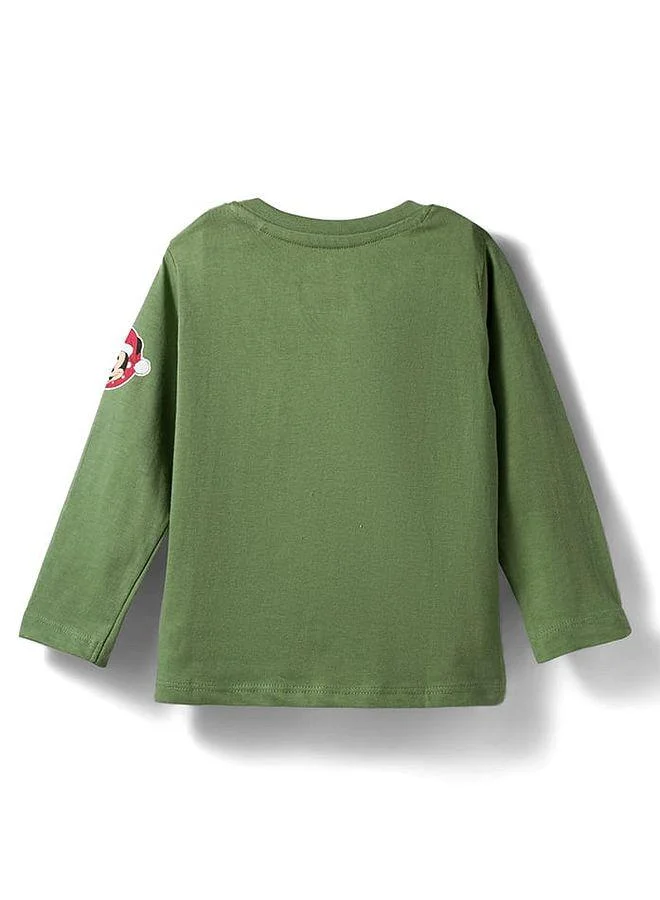 Babyhug Disney Babyhug Disney Single Jersey Knit Full Sleeves T-Shirt with Mickey Mouse Graphics & Sequin Badge Detailing - Green