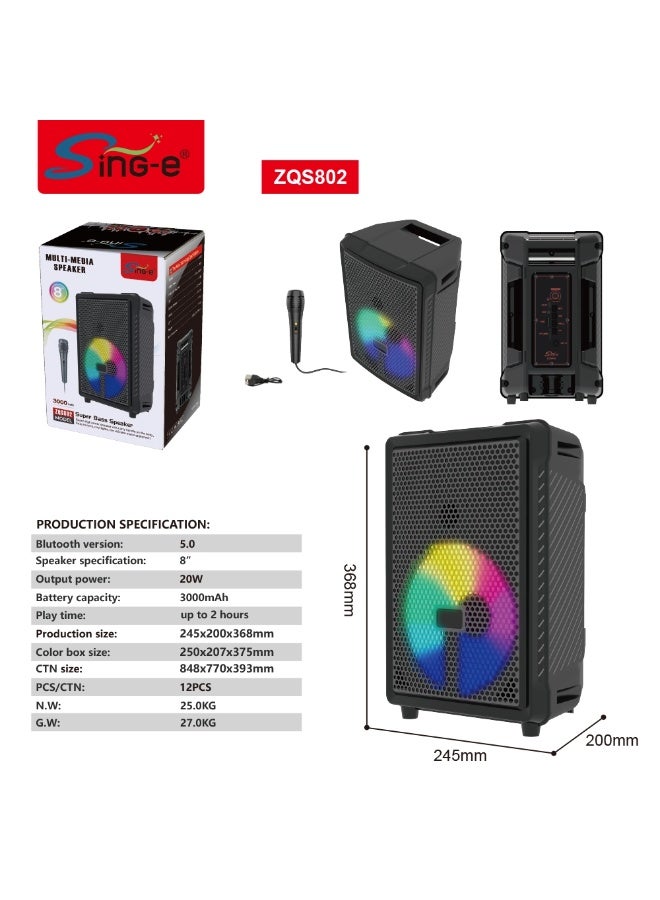 singe ZQS802 Portable Bluetooth Speaker with 8-Inch Powerful Bass Woofer – Rechargeable Wireless Speaker with Mic Input, LED Lights & FM Radio, Ideal for Parties and Outdoor Entertainment - Image 4