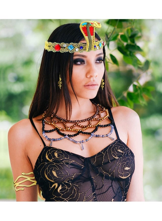 إكسسوارات أزياء مصرية، قطعة رأس مصرية، 25 قطعة من إكسسوارات أزياء كليوباترا المصرية، مجموعة مجوهرات من سوار ذهبي وقرط على شكل ثعبان، للبنات والسيدات للعب الأدوار. - Image 5