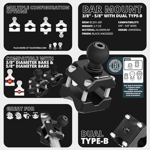 Tackform 3/8" - 5/8" Bar Clamp - CNC Aluminum | Dual Type-B Connections 20mm Ball and Dovetail/Flange | Securely Mount on Headrest Bars, Crossbars, and Mirror Bars - Image 2