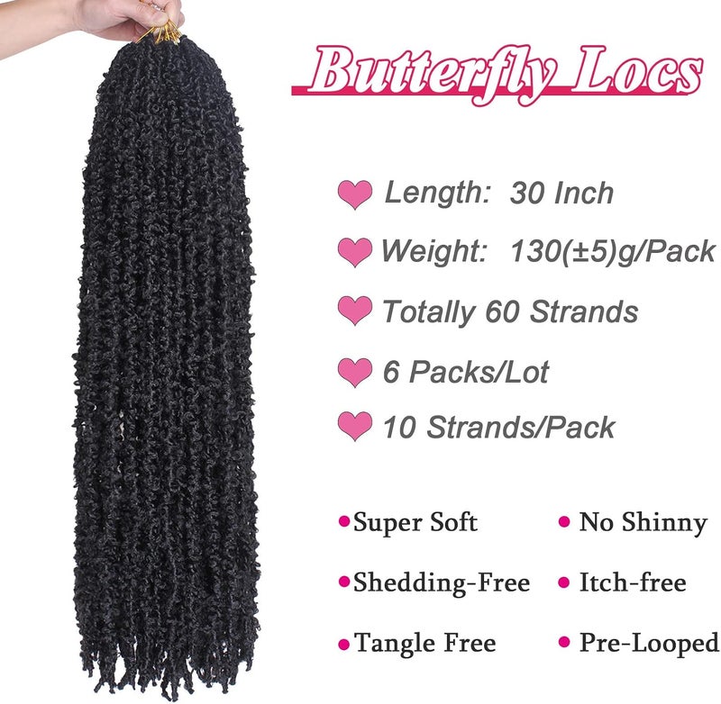 Leeven 30 Inch Long Butterfly Locs Crochet Hair 6 Packs Distressed Locs Crcoeht Braids Hair Natural Black Pre looped Synthetic Messy Goddess Butterfly Soft Locs Crochet Hair Extensions 1B# - Image 2