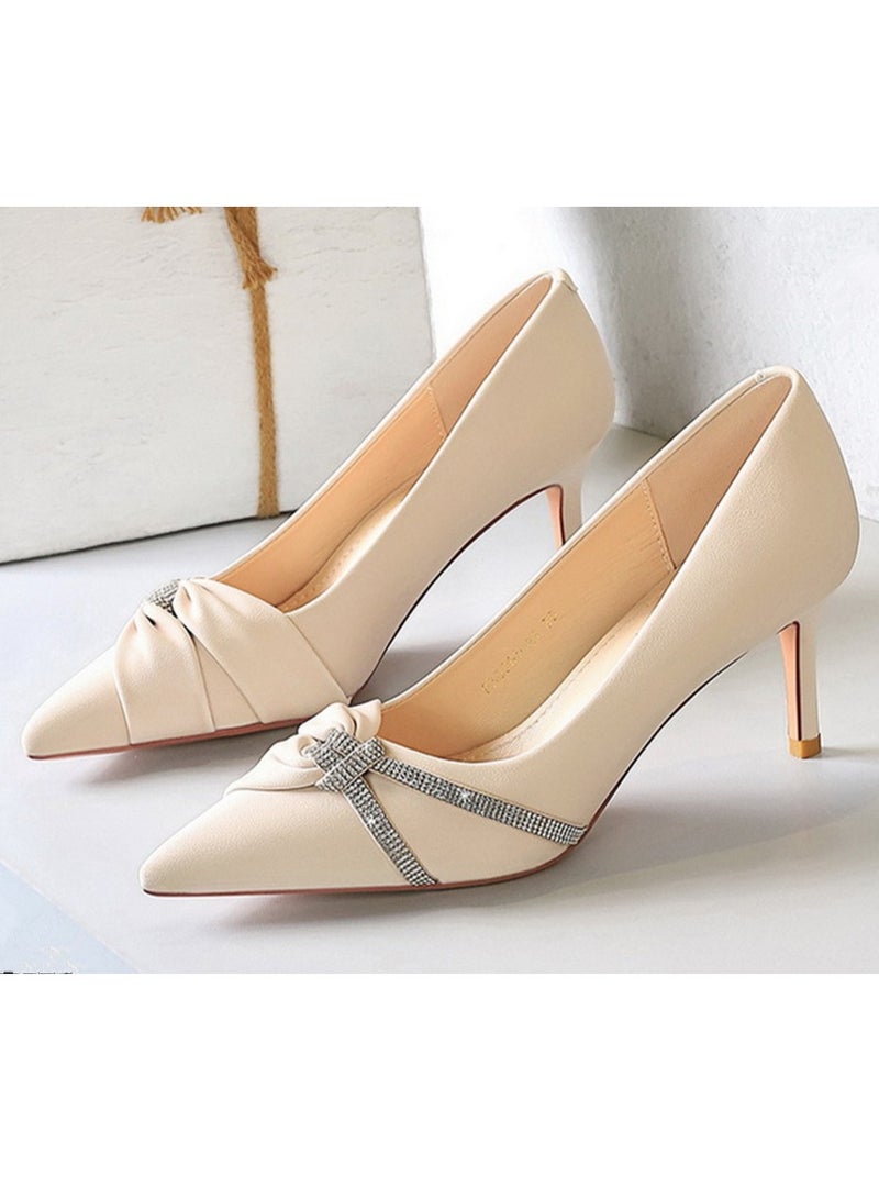 BIGTREE Women's Closed Pointed Toe Stiletto Pump Rhinestone Bowknot Decoration High Heels Off-White 7 CM