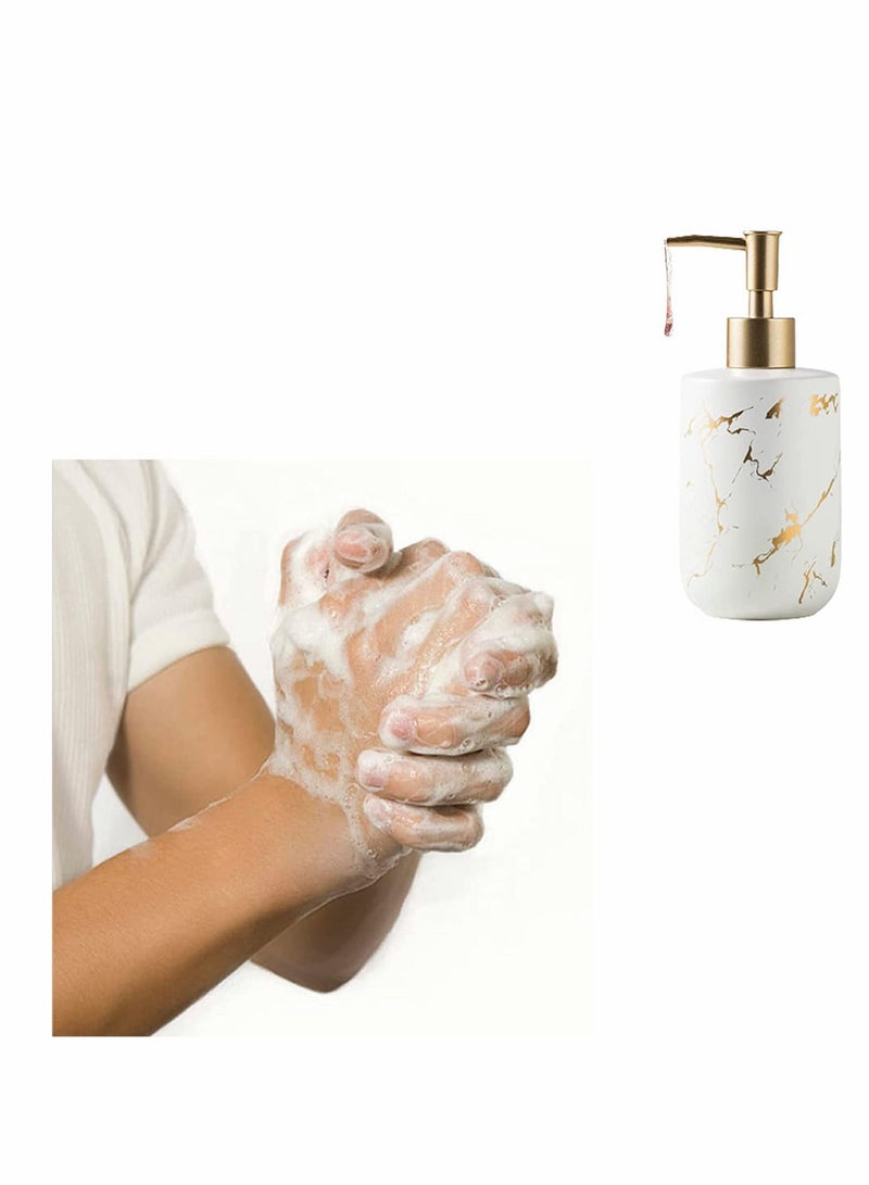 Ceramics Soap Dispenser, White Marble Style, Refillable Hand Lotion, Dispenser for Shampoo, Body Wash, Disinfectant, Stylish Home Bath Décor, Bathroom Toilet Press Bottle (300ML White) - Image 3