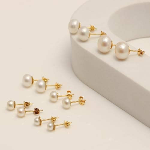 LeCalla 14K Gold-Plated Freshwater Pearl Stud Earrings | BIS Hallmarked 925 Sterling Silver Cultured Pearl Jewelry for Women 5MM - Image 4