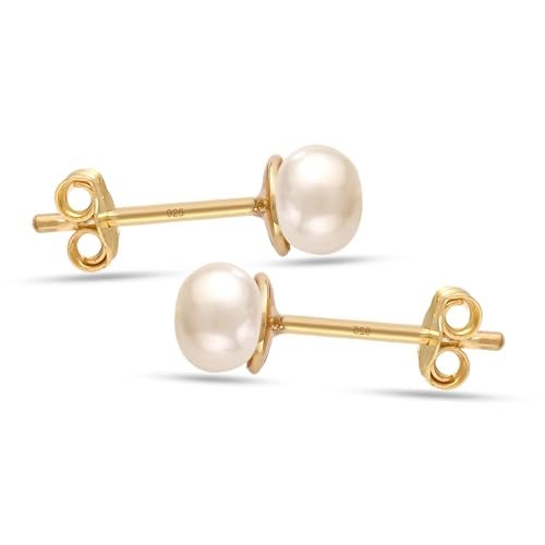 LeCalla 14K Gold-Plated Freshwater Pearl Stud Earrings | BIS Hallmarked 925 Sterling Silver Cultured Pearl Jewelry for Women 5MM - Image 5