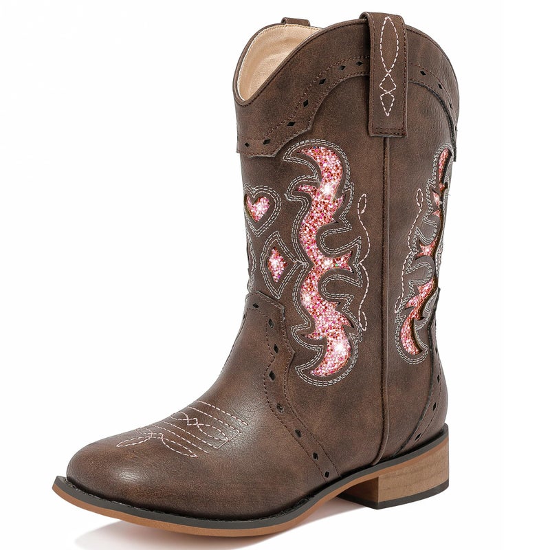 LAURMOSA Girls Cowboy Boots Western Cowgirl Kids Sparkle Dressy Cowboy Boots Size 2 for Little Girls Brown Square Toe Embroidered Kids Horse Riding Shoes Party(L1050BrownPink 2) - Image 1