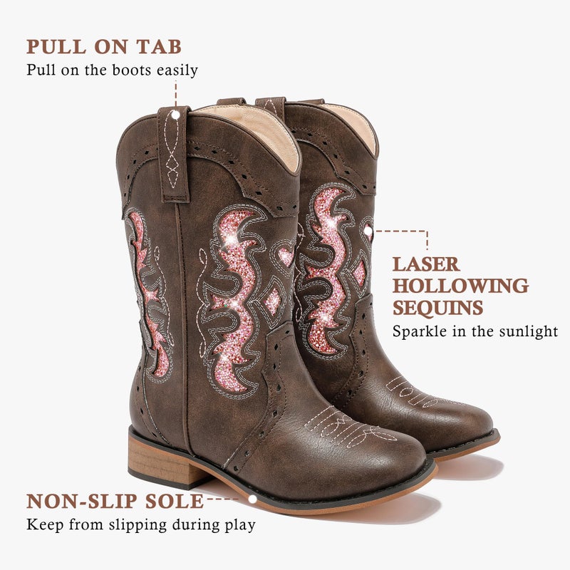 LAURMOSA Girls Cowboy Boots Western Cowgirl Kids Sparkle Dressy Cowboy Boots Size 2 for Little Girls Brown Square Toe Embroidered Kids Horse Riding Shoes Party(L1050BrownPink 2) - Image 5