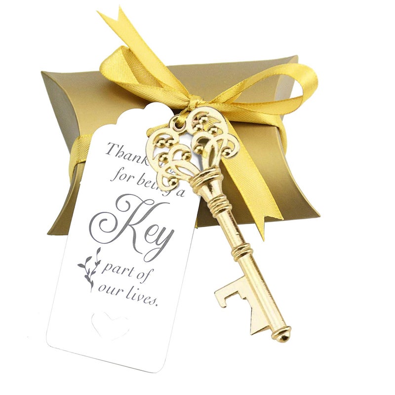 Evanto 50 Sets Vintage Key Bottle Openers, Wedding Favor Souvenir Gift for Guests with Escort Card Thank You Tag Pillow Box and Satin Ribbon (Gold) - Image 1