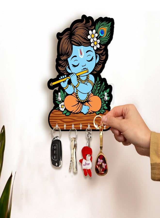 Rousrie حامل مفاتيح Rousrie Baby Krishna للمنزل بدون حفر، أنيق، مصنوع من الخشب البني، تصميم عصري، 8 خطافات، مناسب للمنزل والمكتب - Image 2