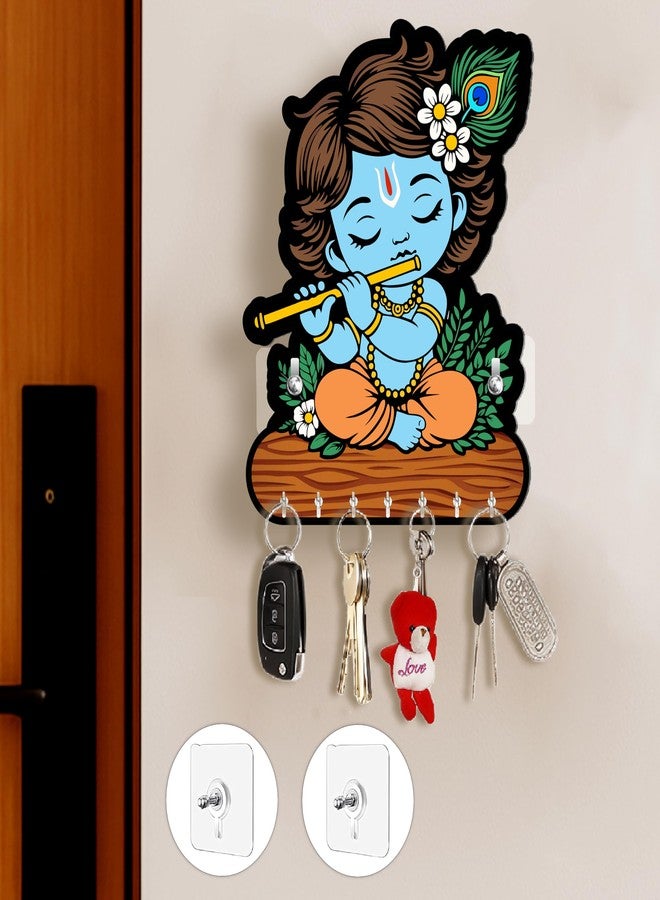 Rousrie حامل مفاتيح Rousrie Baby Krishna للمنزل بدون حفر، أنيق، مصنوع من الخشب البني، تصميم عصري، 8 خطافات، مناسب للمنزل والمكتب - Image 1