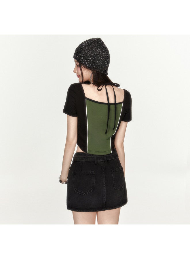 EPTISON Women's Short Sleeve T-shirt - Summer Retro Sweet & Cool Style False Layered Halter Neck Color-blocked Crop Top - Image 5