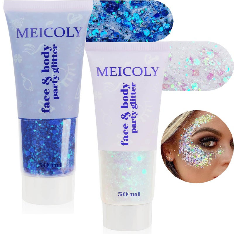 MEICOLY Blue and Clear White Face Body Glitter Set,Mermaid Face Glitter Gel,Singer Concerts Festival Rave Accessories,Sparkling Sequins Glitter Face Paint for Women and Kids,Chunky Glitter Makeup - Image 1