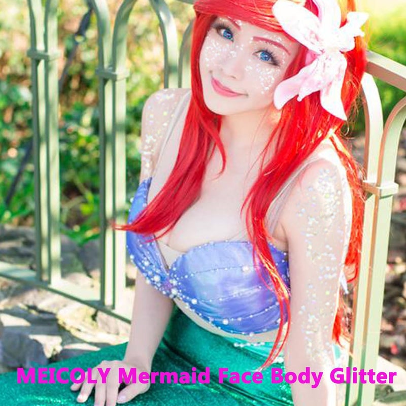 MEICOLY Blue and Clear White Face Body Glitter Set,Mermaid Face Glitter Gel,Singer Concerts Festival Rave Accessories,Sparkling Sequins Glitter Face Paint for Women and Kids,Chunky Glitter Makeup - Image 2
