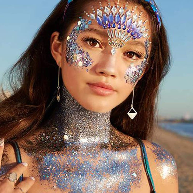 MEICOLY Blue and Clear White Face Body Glitter Set,Mermaid Face Glitter Gel,Singer Concerts Festival Rave Accessories,Sparkling Sequins Glitter Face Paint for Women and Kids,Chunky Glitter Makeup - Image 3