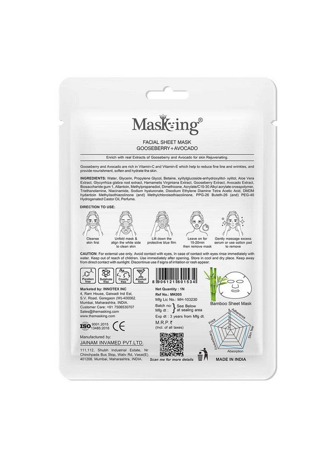 MasKing Bamboo Facial Sheet Mask of Gooseberry & Avocado for Skin Rejuvenating Ideal for Women & Men, 20ml each (Pack of 4) - Image 3