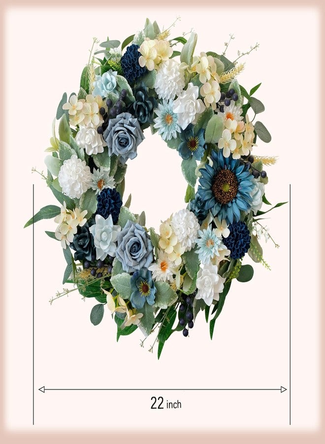 idyllic 22" Spring Flower Wreath for Front Door Summer Wreath with Sunflowers Roses Gardenias, Artificial Floral Green Foliage Wreath for Wall Window Farmhouse Party Holiday Home Decor（White Blue） - Image 3