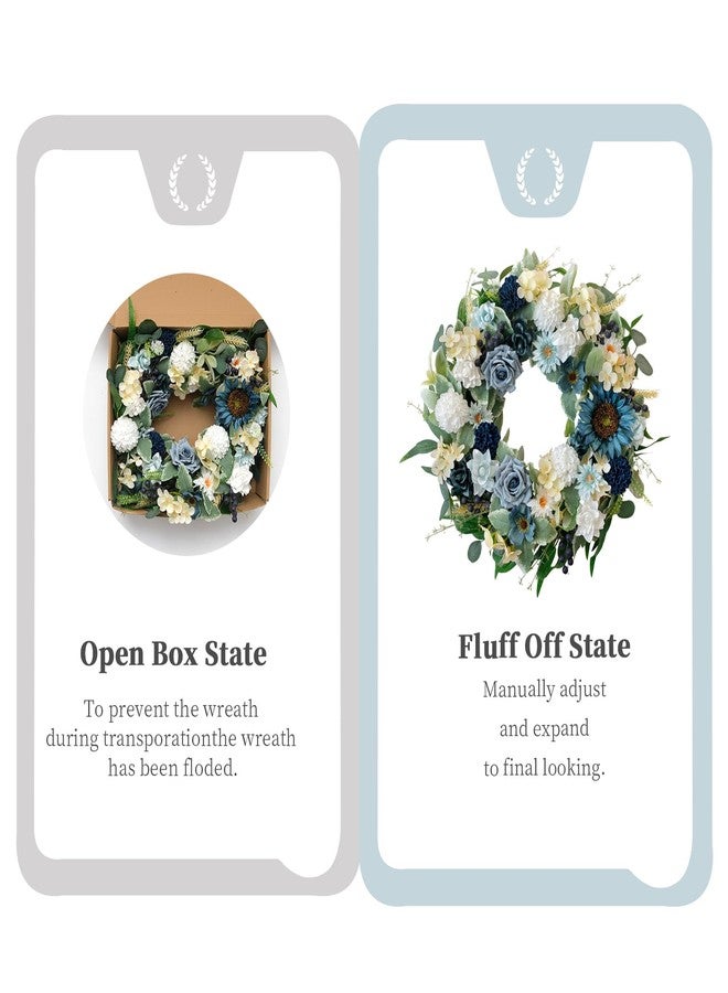 idyllic 22" Spring Flower Wreath for Front Door Summer Wreath with Sunflowers Roses Gardenias, Artificial Floral Green Foliage Wreath for Wall Window Farmhouse Party Holiday Home Decor（White Blue） - Image 4