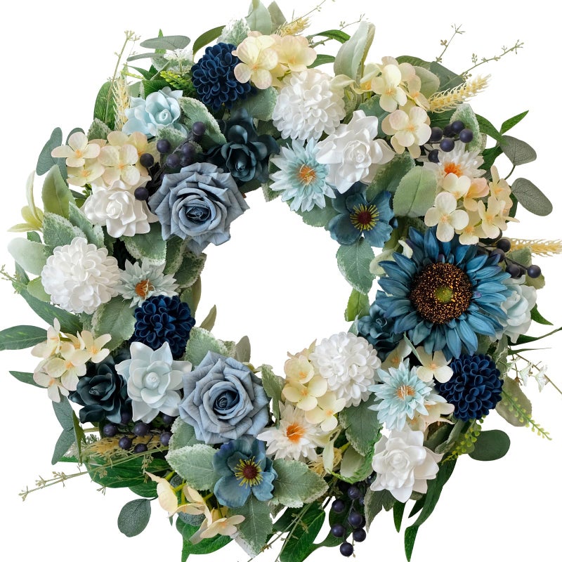 idyllic 22" Spring Flower Wreath for Front Door Summer Wreath with Sunflowers Roses Gardenias, Artificial Floral Green Foliage Wreath for Wall Window Farmhouse Party Holiday Home Decor（White Blue） - Image 1