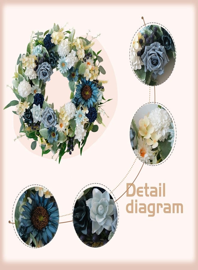 idyllic 22" Spring Flower Wreath for Front Door Summer Wreath with Sunflowers Roses Gardenias, Artificial Floral Green Foliage Wreath for Wall Window Farmhouse Party Holiday Home Decor（White Blue） - Image 2
