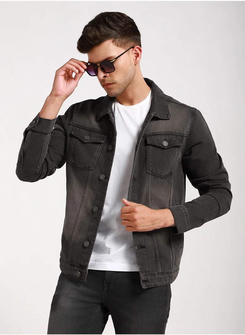 دينيس لينغو Regular Fit Grey Men's Washed Denim Jacket, Full Sleeves, Spread Collar, Casual, Button Closure