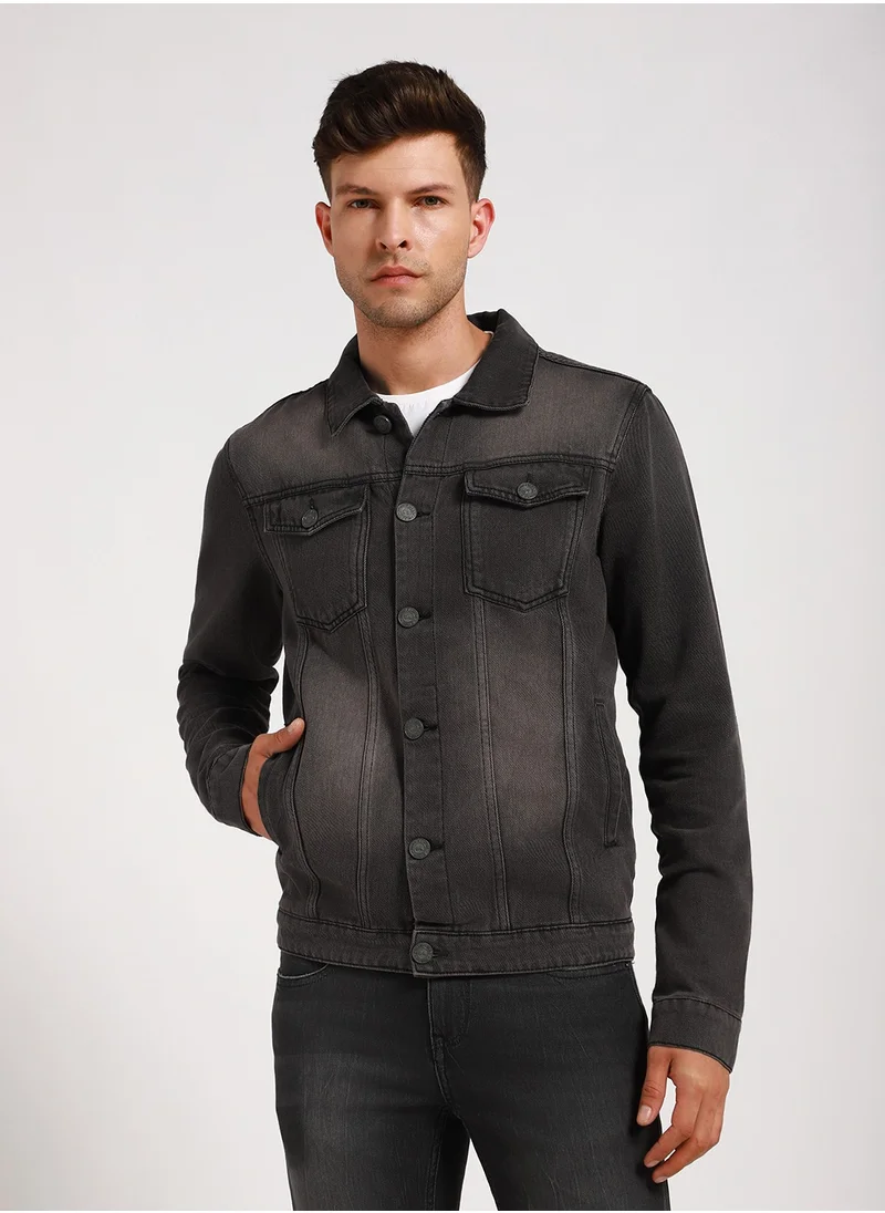 دينيس لينغو Regular Fit Grey Men's Washed Denim Jacket, Full Sleeves, Spread Collar, Casual, Button Closure