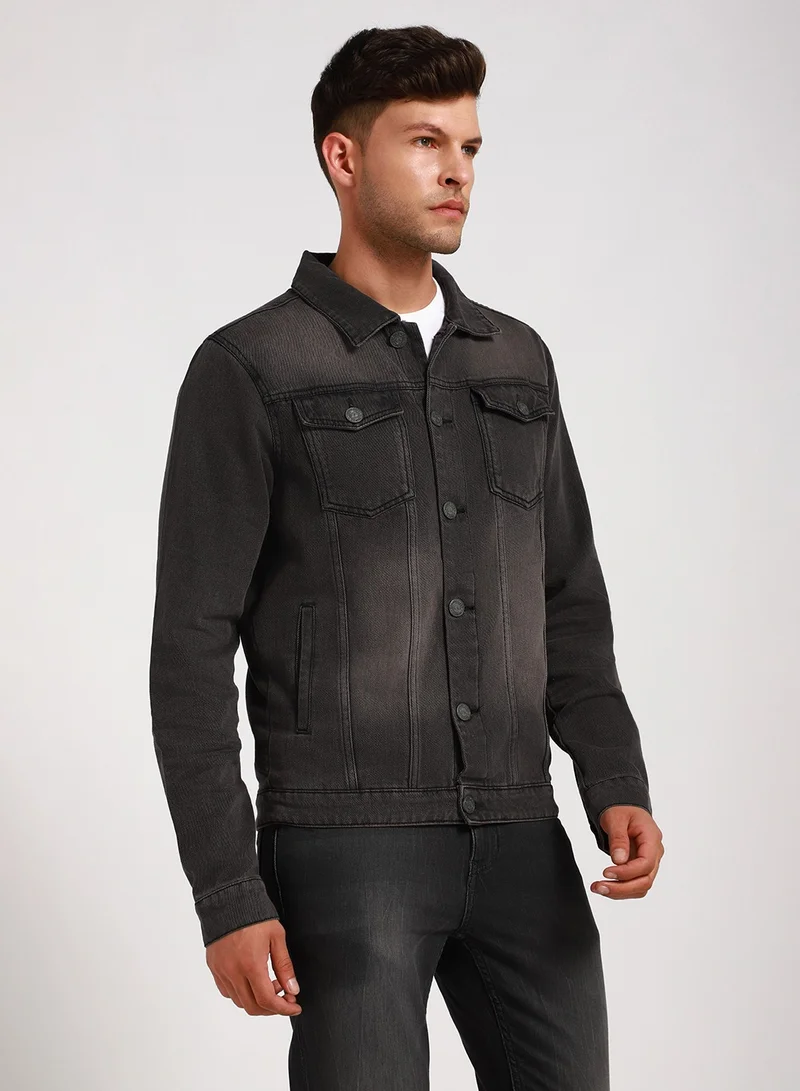 Dennis Lingo Regular Fit Grey Men's Washed Denim Jacket, Full Sleeves, Spread Collar, Casual, Button Closure