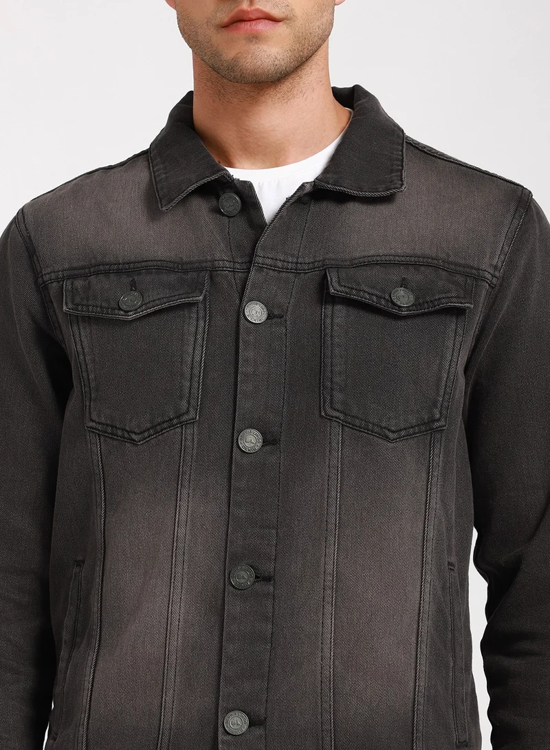 Dennis Lingo Regular Fit Grey Men's Washed Denim Jacket, Full Sleeves, Spread Collar, Casual, Button Closure