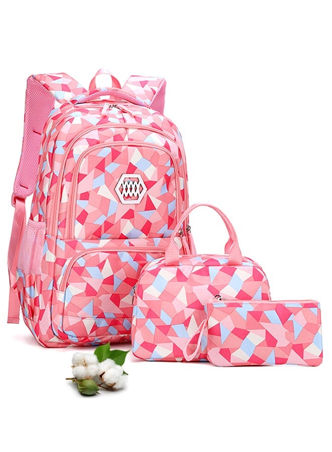URbazaar 3Pcs Backpack Primary and Middle School Students Schoolbag Set Youth Travel Bag with Lunch Bag(Pink) - Image 1