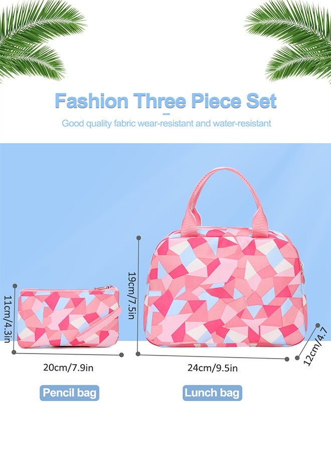 URbazaar 3Pcs Backpack Primary and Middle School Students Schoolbag Set Youth Travel Bag with Lunch Bag(Pink) - Image 3