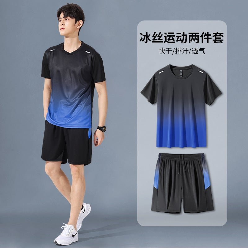 بدلة رياضية للرجال قصيرة الأكمام من الحرير الجليدي صيفية سريعة الجفاف زي كرة السلة ملابس لياقة بدنية شورتات صيفية 03 أزرق [مجموعة] - Image 1
