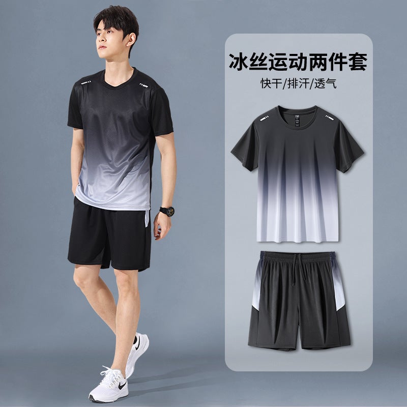 بدلة رياضية للرجال قصيرة الأكمام من الحرير الجليدي صيفية سريعة الجفاف زي كرة السلة ملابس لياقة بدنية شورتات صيفية 03 أزرق [مجموعة] - Image 3