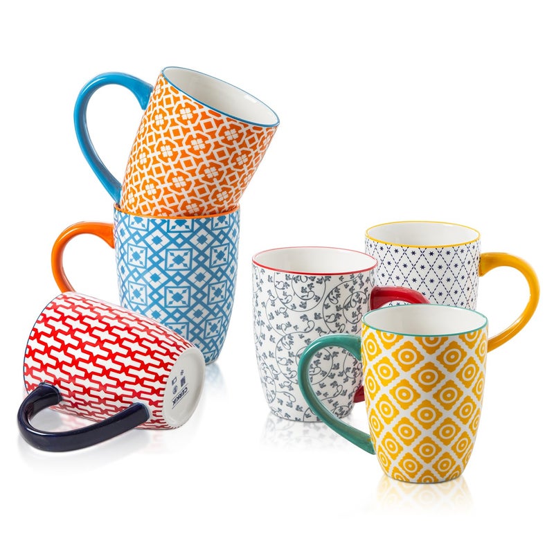 Cerkik Ceramic Coffee Mugs Set - 16 Oz Large Porcelain Tea Cups with Handle for Women Men Cocoa Latte Cappuccino - Christmas Housewarming Gift - Microwave Dishwasher Safe - Set of 6 - Assorted Colors - Image 1
