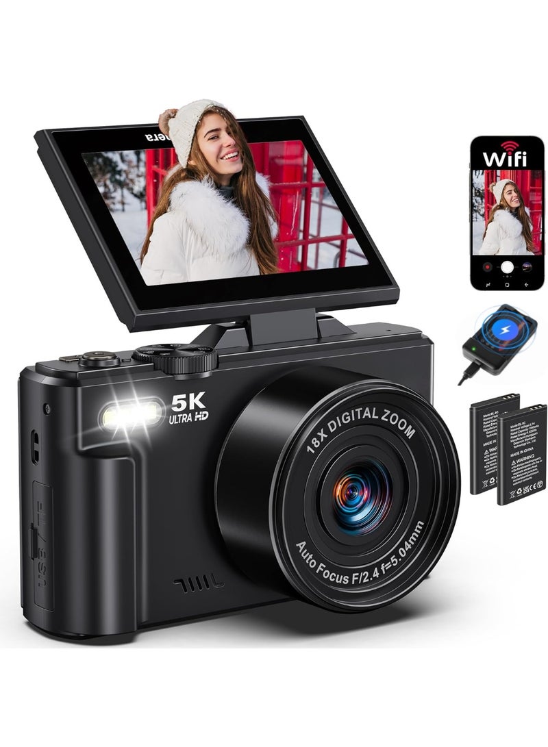 كاميرا رقمية للتصوير الفوري بدقة 5K، وكاميرا رقمية بدقة 75 ميجابكسل للتصوير الفوتوغرافي، وبطاريتين، وكاميرا رقمية بتقريب بصري 18x وشاشة قابلة للطي 180 درجة مقاس 3 بوصات، وكاميرا مثالية للمبتدئين في تصوير الفيديوهات، لا تدعم بطاقات الذاكرة الخارجية (TF). - Image 1