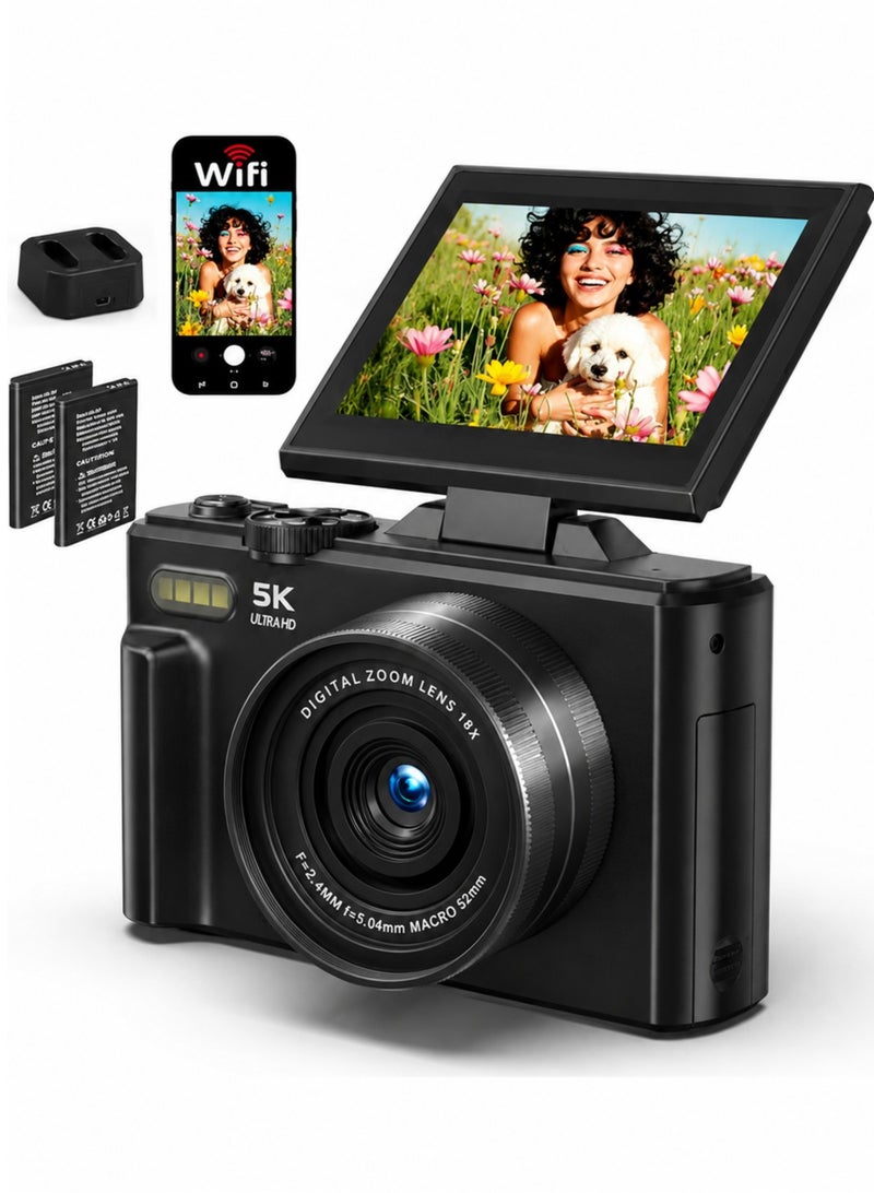 Lecran 5K Point and Shoot Digital Camera, 75MP Camera Digital for Photography, 2 Batteries, 18X Digital Camera with 3" 180° Flip Screen, Vlogging Camera for Beginner Gift, No TF Cards - Image 1