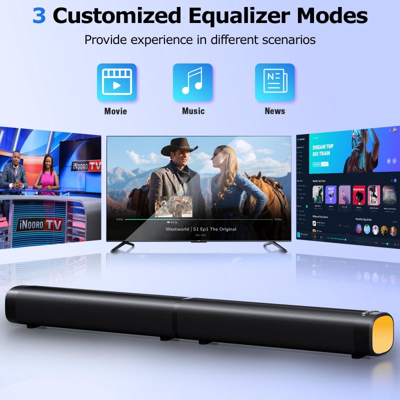 FHNFHN بار صوت FHNFHN لتلفاز ذكي، بار صوت 100 واط مع 3 أضواء RGB ديناميكية، بلوتوث 5.3، اتصال ARC/Opt/AUX، حجم ديناميكي 3 أوضاع معادل، بار صوت قابل للفصل 2 في 1 لتلفاز/كمبيوتر/ألعاب/بروجيكتورات - Image 5