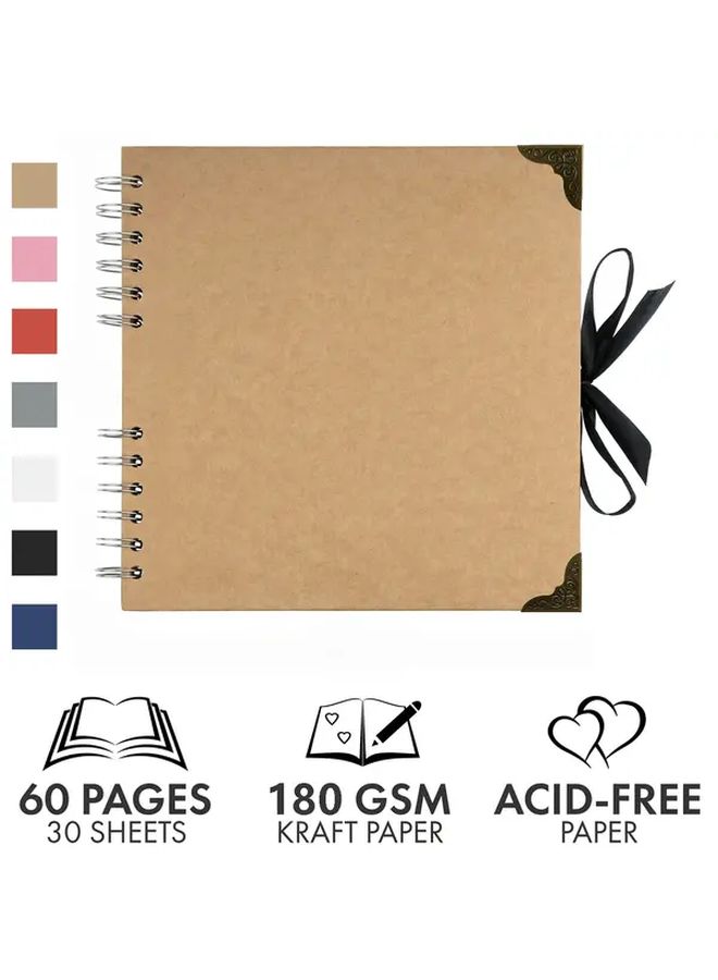 60 Page 8x8 Inch Scrapbook Album Thick 180gsm Acid Free Kraft Paper Decorative Edge Design Ribbon Closure Durable Memory Book For Scrapbooking Art Projects Photo Storage Brown - Image 1