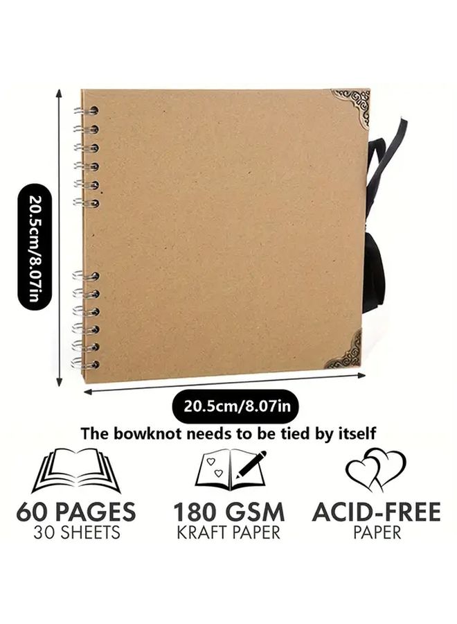 60 Page 8x8 Inch Scrapbook Album Thick 180gsm Acid Free Kraft Paper Decorative Edge Design Ribbon Closure Durable Memory Book For Scrapbooking Art Projects Photo Storage Brown - Image 3