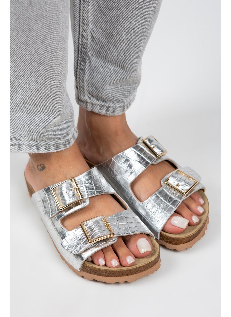Manijero Croco - Hb Women's Genuine Leather Double Buckle Crocodile Silver Slippers  - Image 2