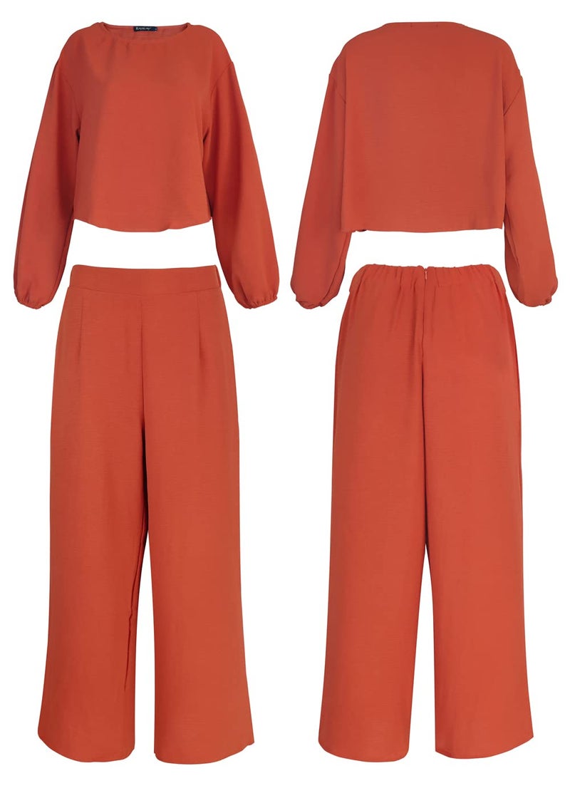 ROYLAMP Women's 2 Piece Outfits Long Sleeve Round Neck Crop Top Cropped Wide Leg Pants Set Jumpsuits Orange XS - Image 5
